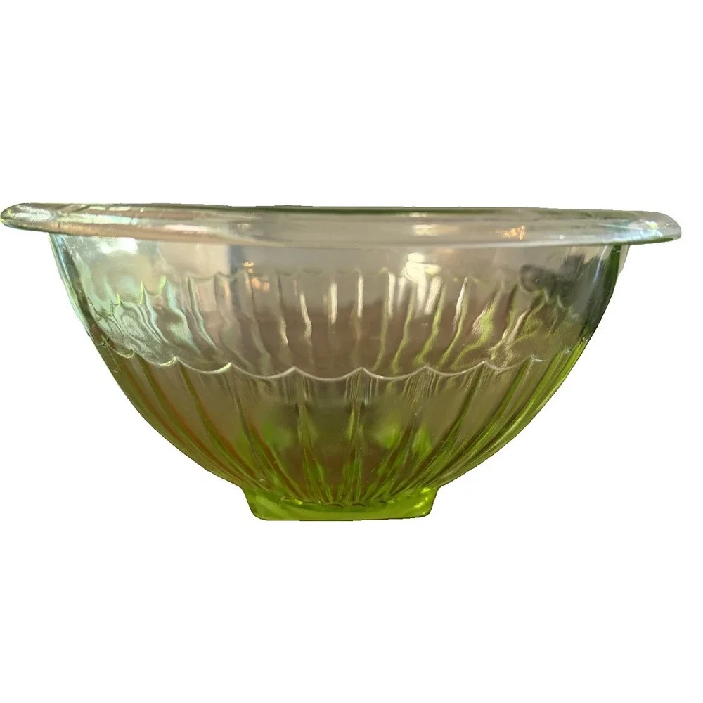 Vintage Uranium Glass Mixing Bowl Green UV Glow Ribbed Scalloped 9